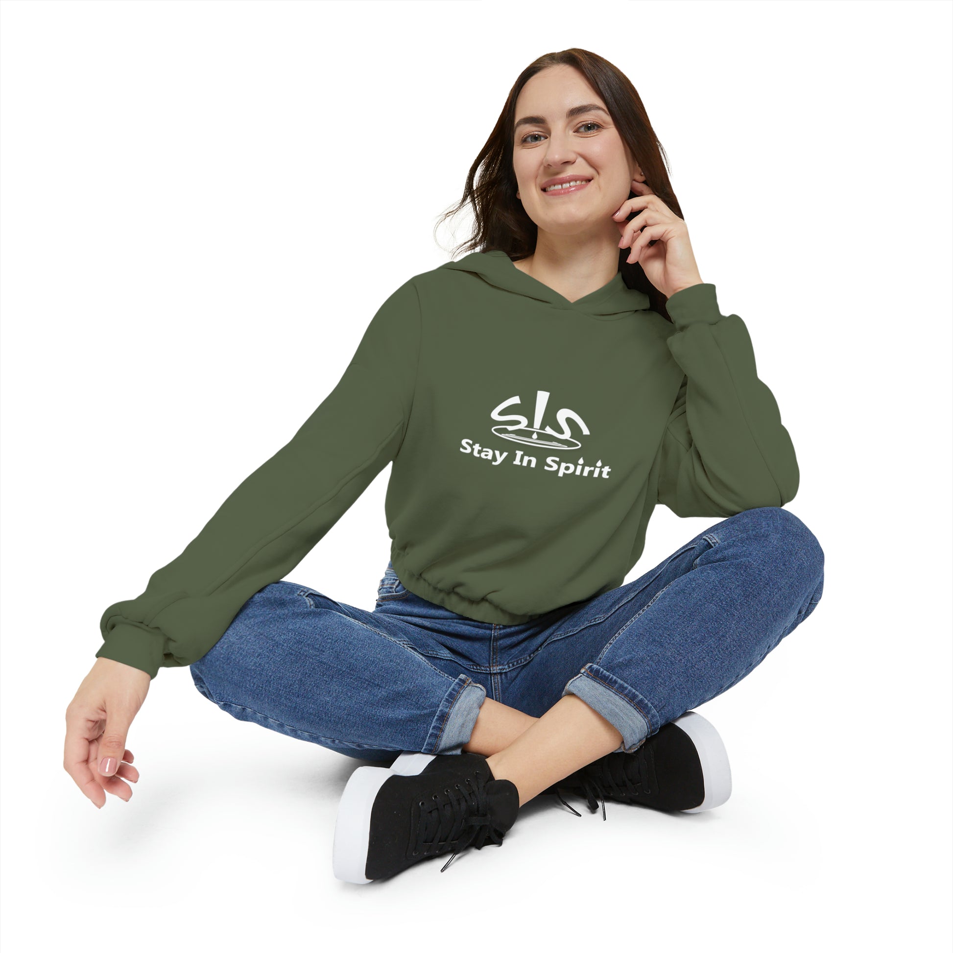 Women's Stay In Spirit White Logo Cinched Bottom Hoodie - Stay In Spirit Shop