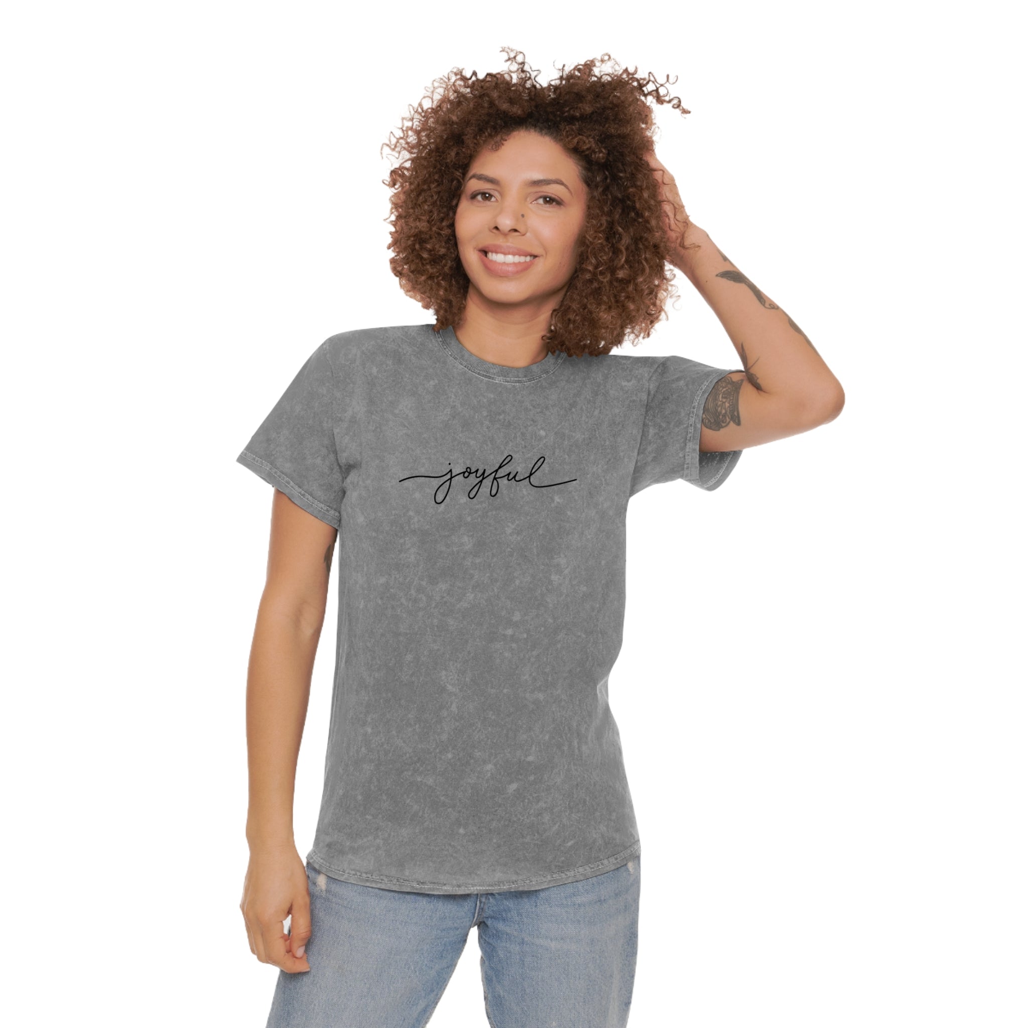 Joyful Lettered (Black) Unisex Mineral Wash T-Shirt (Gray) - Stay In Spirit Shop